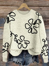 Women's Flower Print Color Block round Neck Casual Sweater Long Sleeve