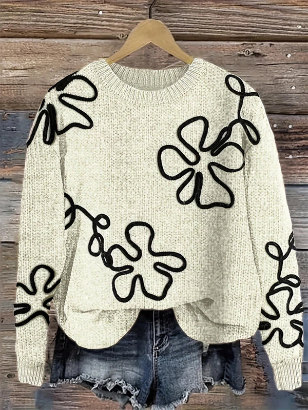 Women's Flower Print Color Block round Neck Casual Sweater Long Sleeve