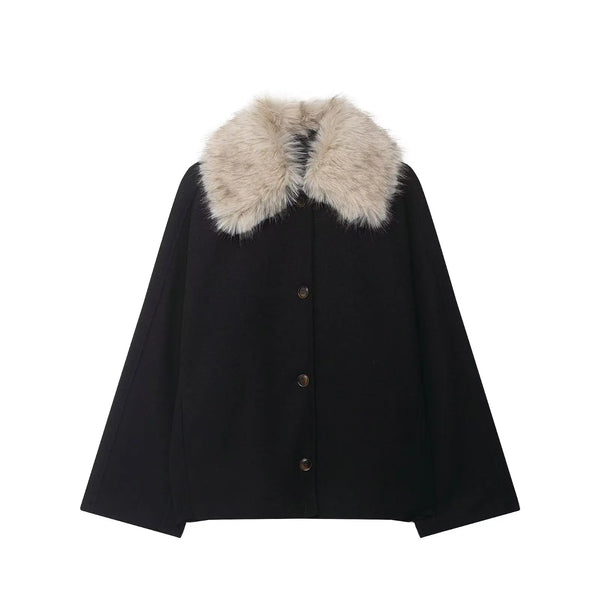 Womens Fur Collar Jacket Button Front Long Sleeve Winter Coat Street