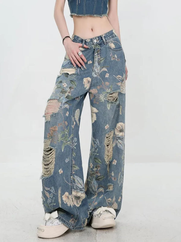 American Street Style Wide-Leg Jeans for Women Loose Trendy
