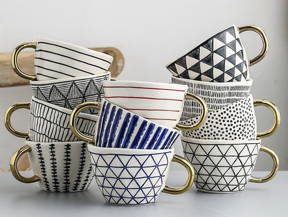 Mug Wide mouth with Gold Handle Hand Painted Geometric