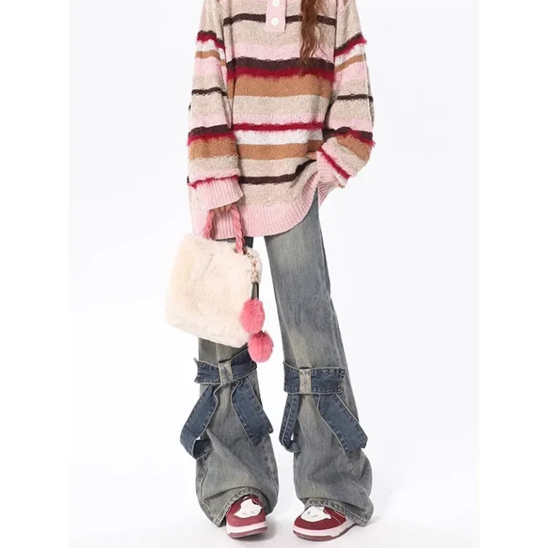 Y2k Vintage Flare Jeans Women Bow Patchwork