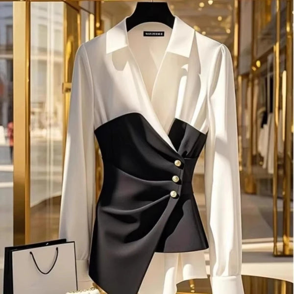 French Chic Black White Layered Blouse Business Casual Work Top