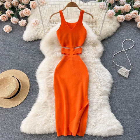 Hips Split Bodycon Dress Summer Fashion Lady Knitted Party Vestidos Sundress