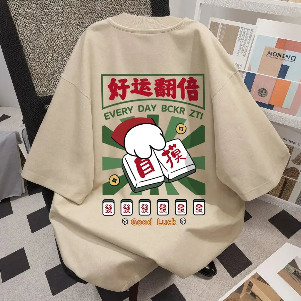 Good Luck Mahjong Tile T-Shirt Women Retro Casual Streetwear