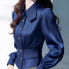 Elegant Blue Satin Blouse Womens Long Sleeve Slimming Dressy Top