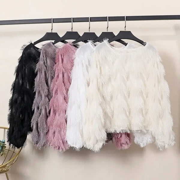 Blouse Women Autumn Wave Shape Furry Tassel Long Sleeve Pullover