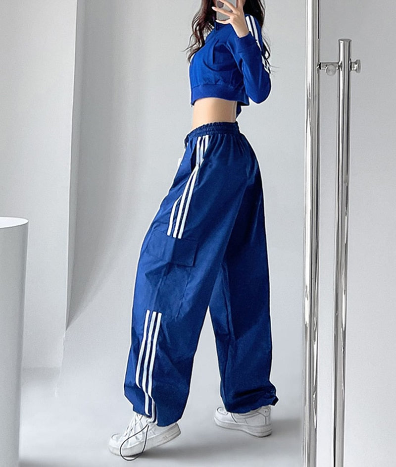 Gestreifte Cargohose Jogginghose Damen Hip Hop Streetwear Weites Bein Y2K Hohe Taille