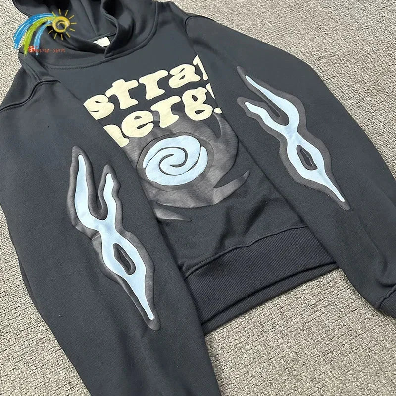 Men's Casual Foam Letters Graphic Hoodie High Quality Cotton Black Pullover