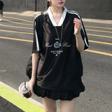 Retro V-neck Loose Fitting Women T-shirt Harajuku