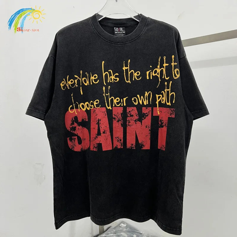 Oversized Saint T-Shirt Men Women Vintage Letter Print Streetwear
