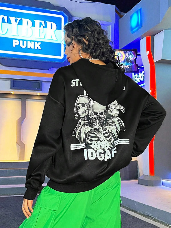 Skull Print Oversized Hoodie Women Vintage Streetwear Casual Top