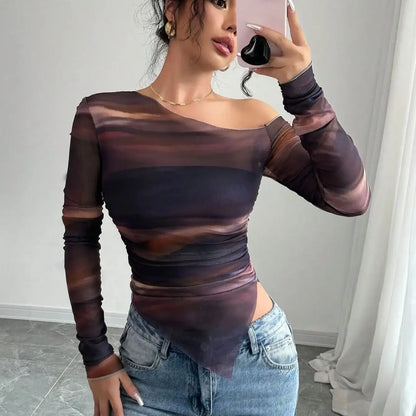 Autumn Winter Women's Long-Sleeved Diagonal Collar Pleated T-Shirt