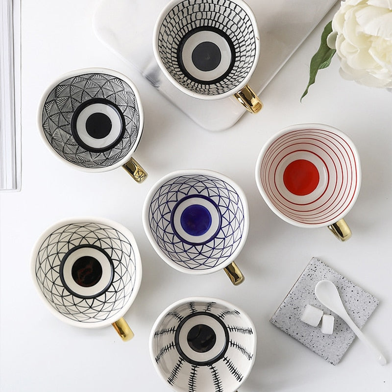 Mug Wide mouth with Gold Handle Hand Painted Geometric