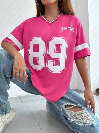 New York 89 Graphic Tee - Women's Harajuku V-Neck Top