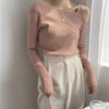 Womens Off Shoulder Knit Tee Y2K Slim Fit Sexy Solid Color Top