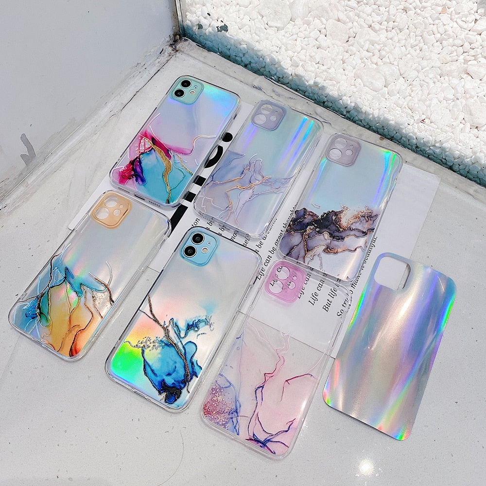 Case Laser Bling Marble Soft Clear Cover for iPhone