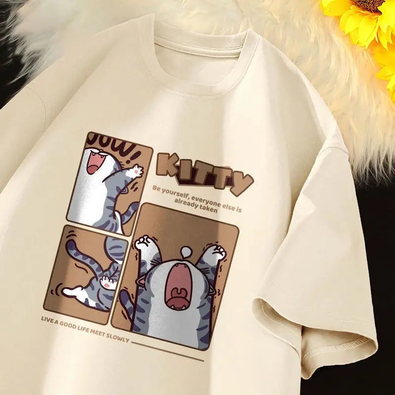 Kitty Comic Strip T-Shirt Men Cute Graphic Casual Streetwear