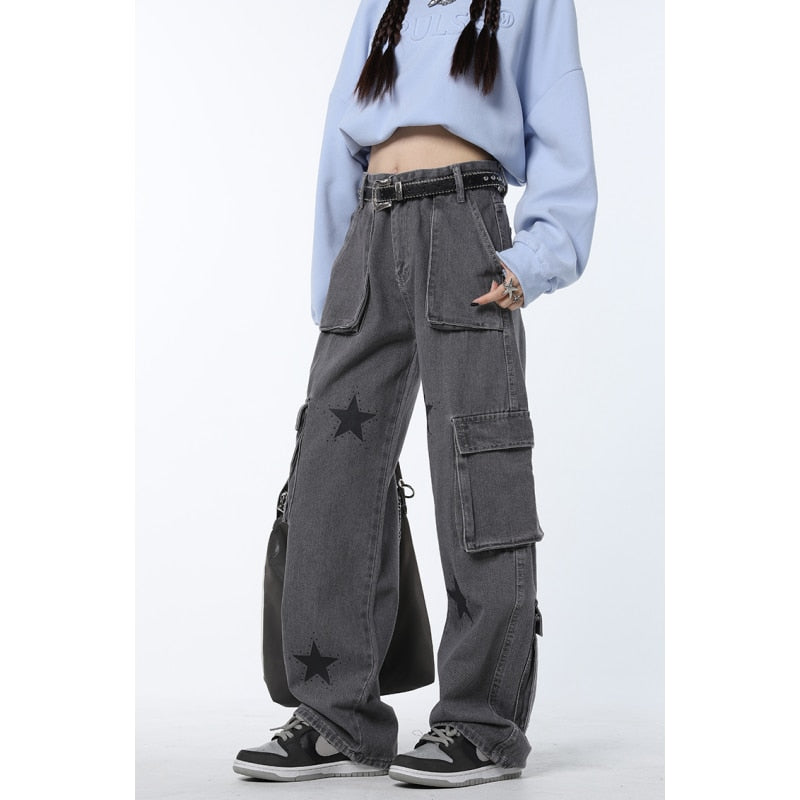 Women Jeans Vintage Straight Baggy Denim Pants Stars