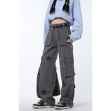 Damen Jeans Vintage Straight Baggy Denim Hose Stars American Fashion Streetwear