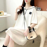 Sweet Zipper Peter Pan Collar Spliced Short Sleeve Casual Dresses Female Clothing 2024