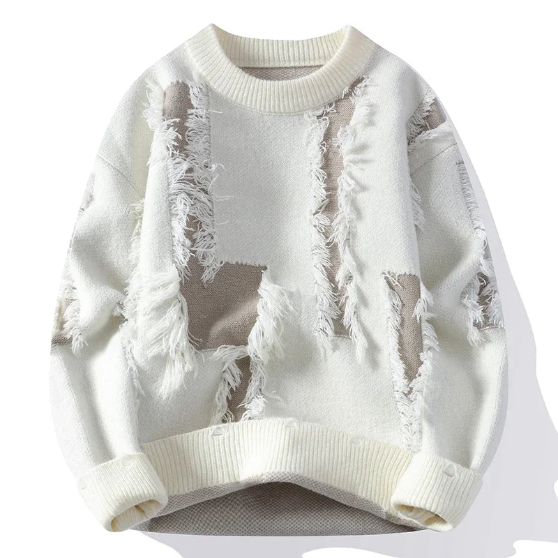 Men's Ripped Loose Knit Sweater Crew Neck Autumn Pullover