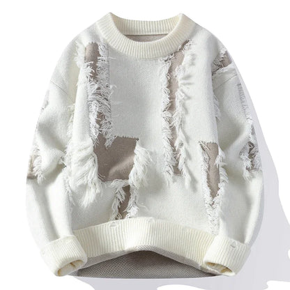 Men's Ripped Loose Knit Sweater Crew Neck Autumn Pullover
