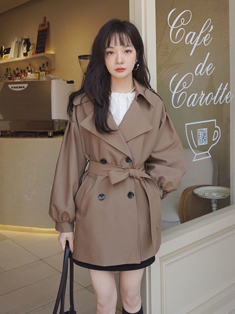 Korean Fashion Top Windbreaker Coat Female Solid Color Loose Lantern Sleeve Women Coat