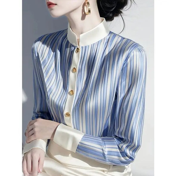 Womens Chiffon Cardigan Gray Stripe Button Front Long Sleeve Top