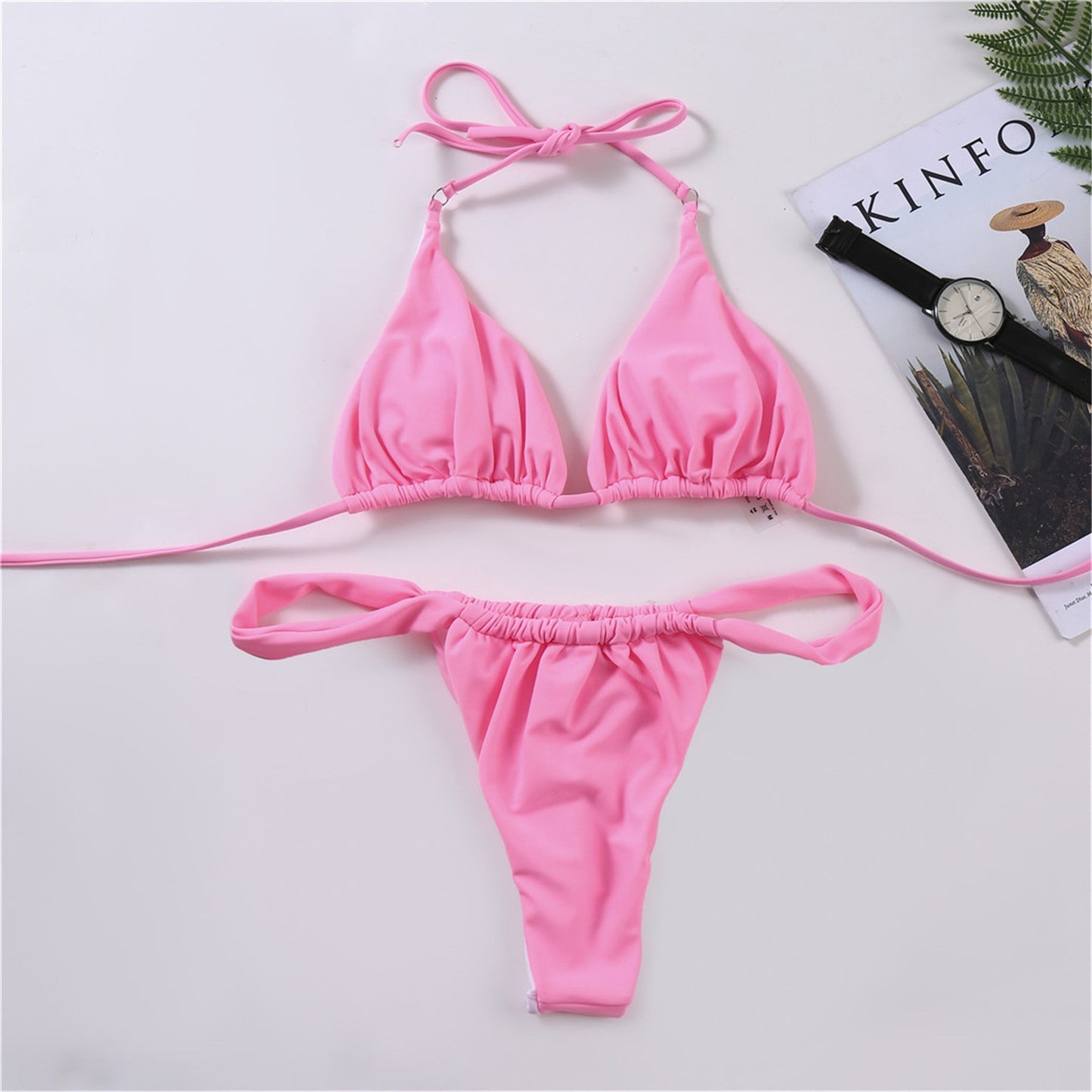 Pink Swimsuit Bikini Women Solid Color Sexy High Leg Swimwear Bikinis - xinnzy