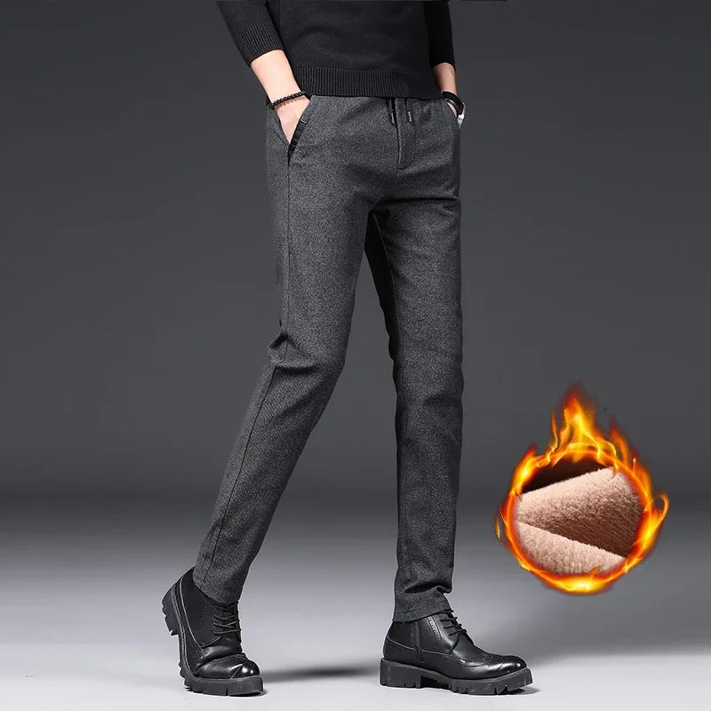 Winter Plush Trousers Men Business Fleece Pants Fashion