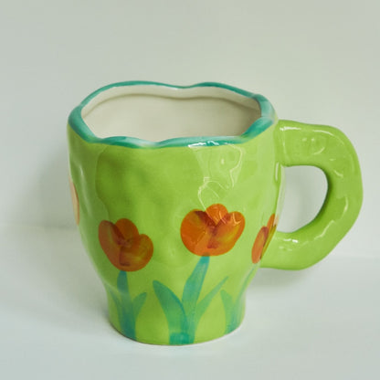 Korean Style Hand Made Irregular Mug Hand Flowers Ceramic