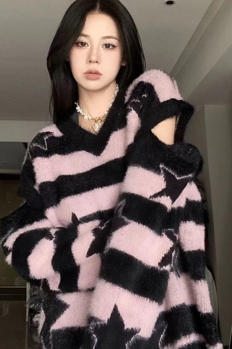 Punk Gothic  Furry Knitted Sweaters Y2K Streetwear Loose Hollow Out Detachable Pullovers Harajuku - xinnzy