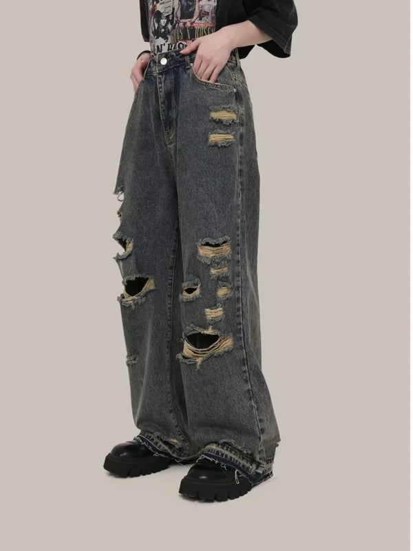 Summer Ripped Raw Edge Straight-Leg Jeans Women Loose Wide-Leg Pants