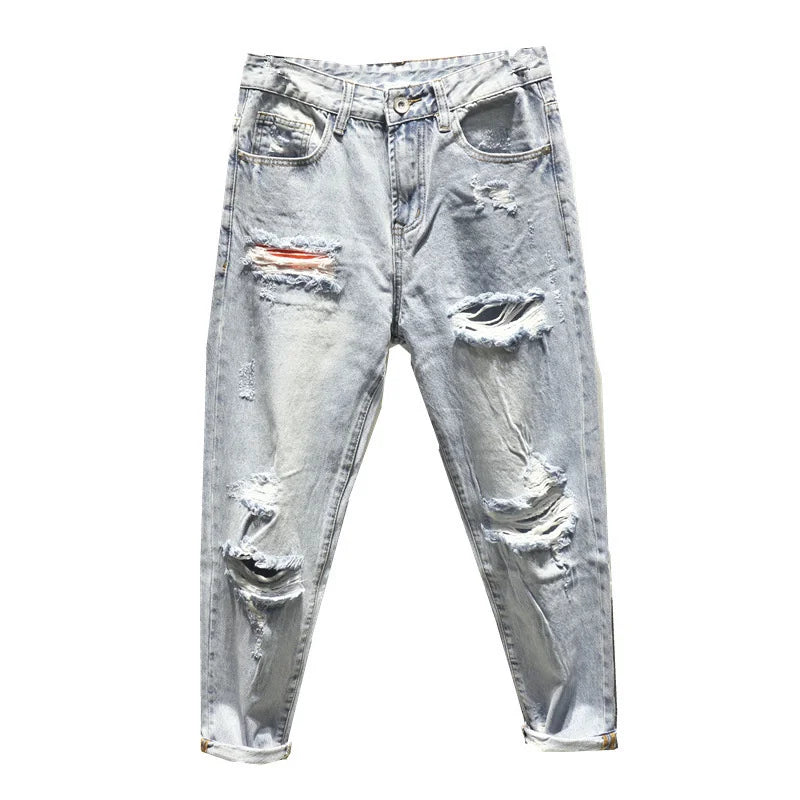 Loose Big Hole Nine Point Straight Denim Pants Baggy Jeans Y2k Streetwear