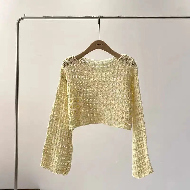 Long Sleeve Crochet Knit Top Summer Beach Bikini Cover Up Crop Pullover Wool