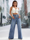 Mid Waist Wide Leg Jeans Women Blue Button Fly Loose Denim Pants