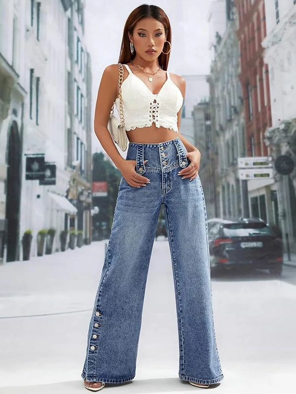Mid Waist Wide Leg Jeans Women Blue Button Fly Loose Denim Pants