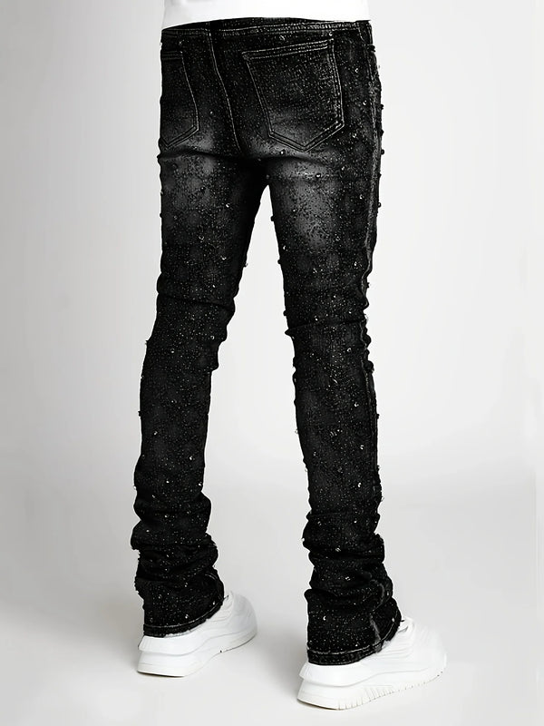 Men Pearl Detail Jeans Straight Leg Stretch Denim Pants Fashion