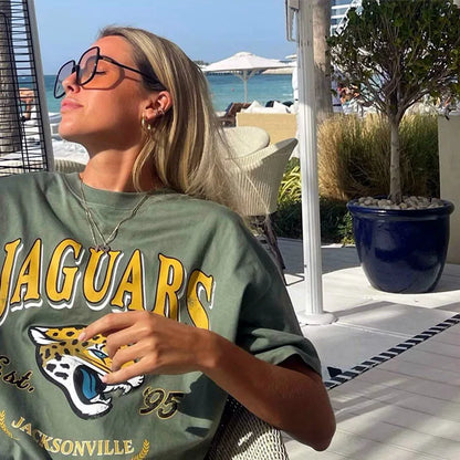 Women's American Retro Jaguars Print Loose Cotton 90s Graphic T-Shirt