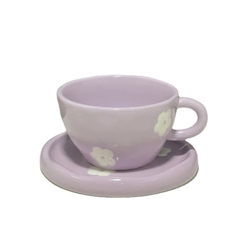 250ml Ceramic Mug Japanese Retro Hand-Painted Purple Small Flower Cups with Saucers