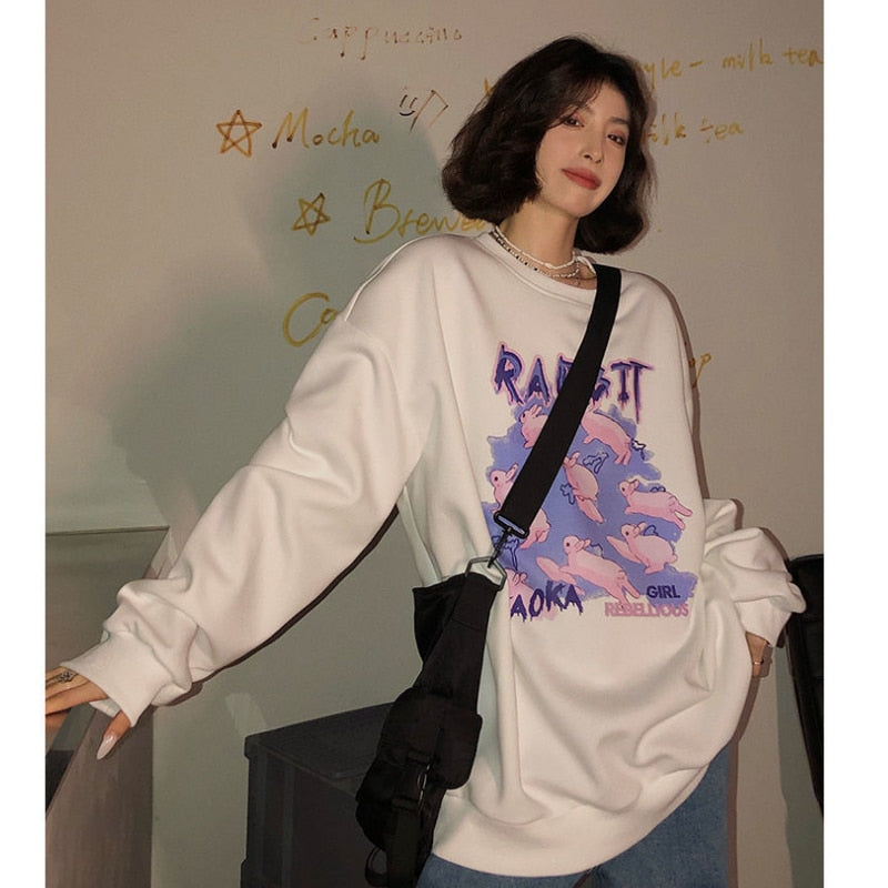 Women Clothing Vintage Rabbit Letter Printing Long Sleeves Casual Oversize