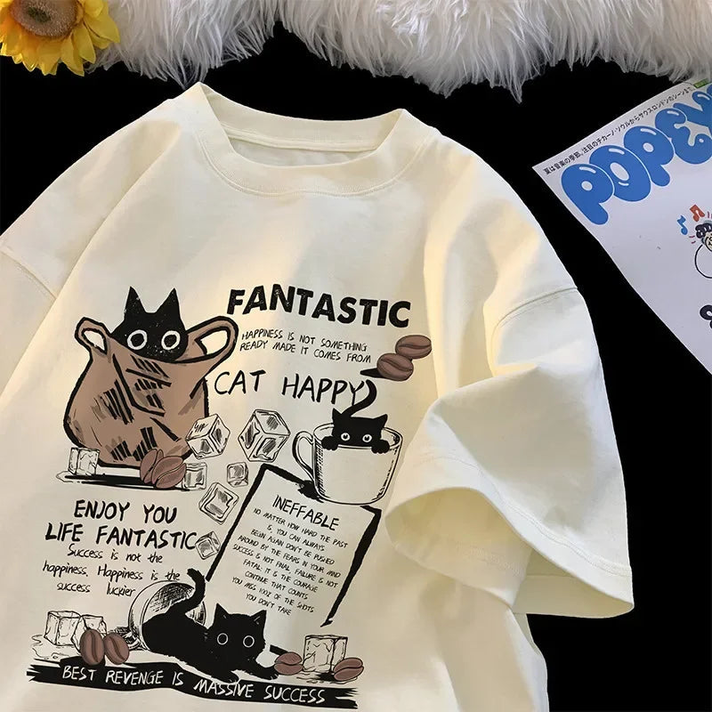 Oversized Cartoon Doodle Cat T-Shirt – Unisex Korean Style Tee