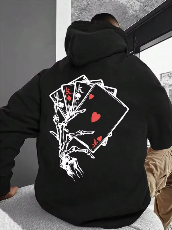 Poker hoodie for men kangaroo pocket pull rope pullover loose