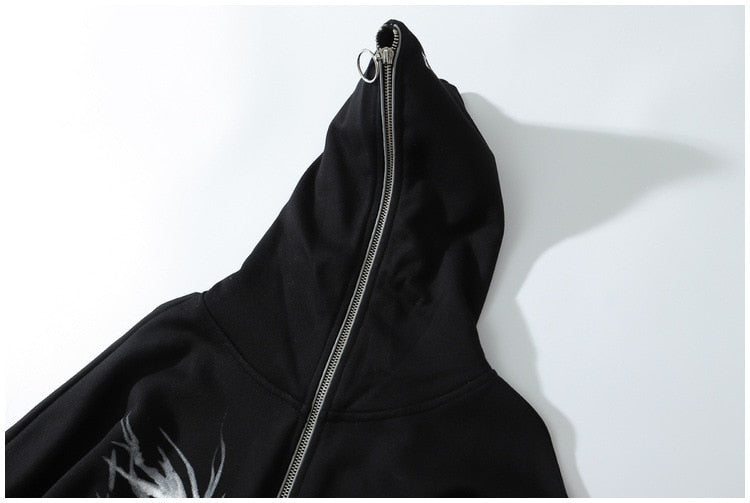 Hoodie Damen Schwarz Übergroßes Kapuzenpullover mit durchgehendem Reißverschluss Goth Grunge