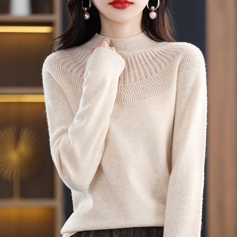 Cashmere knitting sweater high collar merino wool high collar slim soft long sleeve pullover top - xinnzy