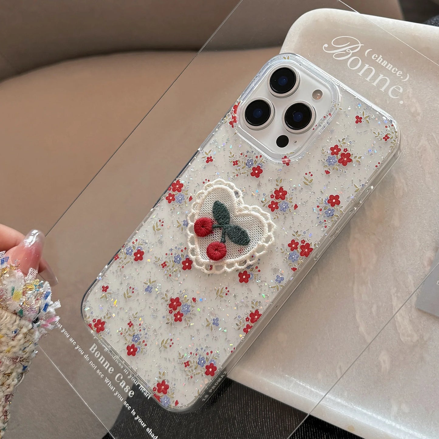 Glitter Cherry Embroidered iPhone Case Transparent