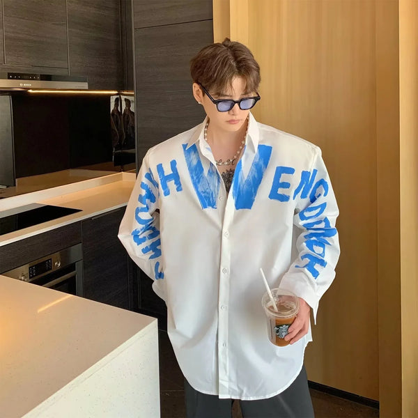 Mens Shoulder Pad Shirt Graffiti Letter Square Collar Long Sleeve