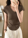 Women's Cotton T-shirt V Neck Solid Basic Korean Style Women Sexy