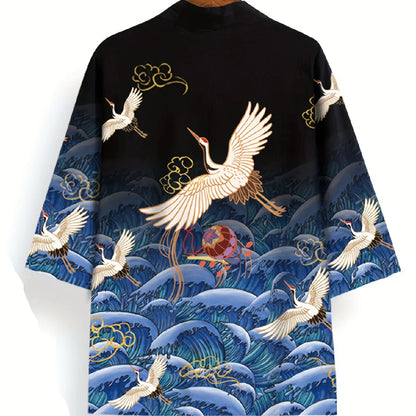 Animal Bird Patterns Crane Waves Asian Traditional Print Kimono Unisex